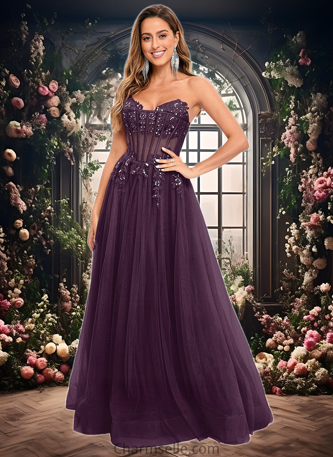 Aliza Ball-Gown/Princess V-Neck Floor-Length Tulle Prom Dresses With Sequins Appliques Lace DNP0025837