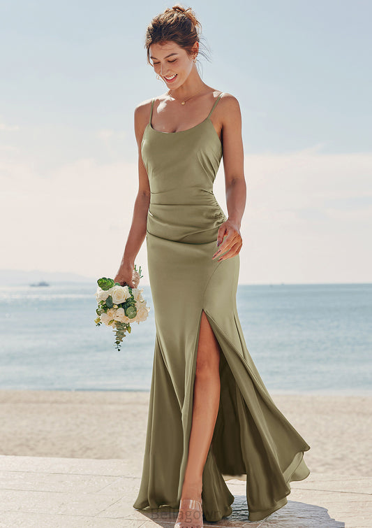 Trumpet/Mermaid Scoop Neck Sleeveless Floor-Length Stretch Satin Bridesmaid Dresses with Pleated Split Elle DNP0025219