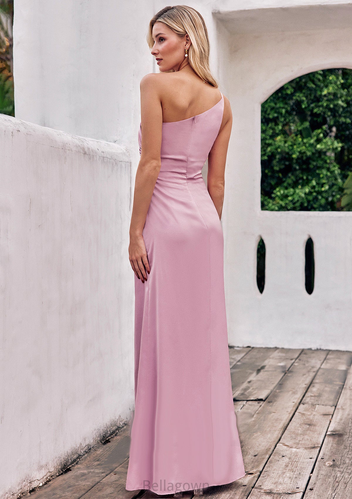 Sheath/Column One-Shoulder Sleeveless Floor-Length Stretch Satin Bridesmaid Dresses with Pleated Maribel DNP0025221