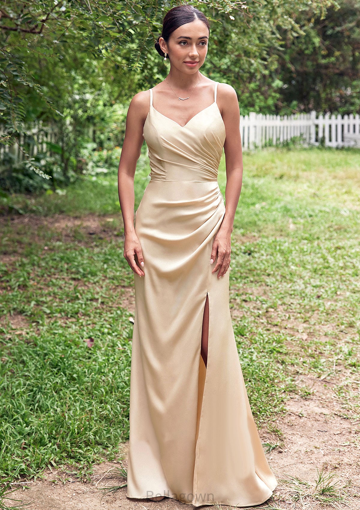 Sheath/Column V Neck Sleeveless Floor-Length Stretch Satin Bridesmaid Dresses with Pleated Split Amirah DNP0025222