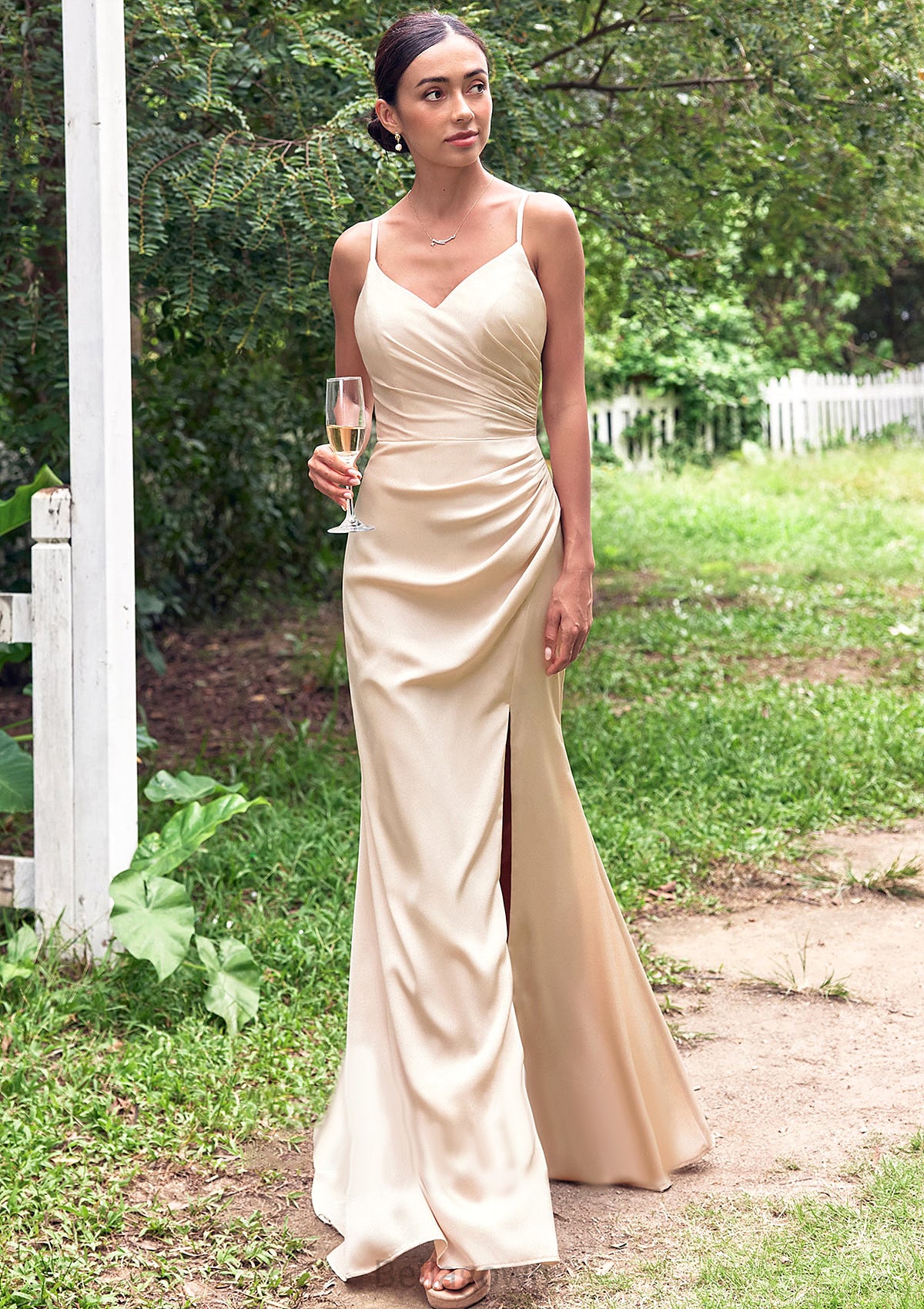 Sheath/Column V Neck Sleeveless Floor-Length Stretch Satin Bridesmaid Dresses with Pleated Split Amirah DNP0025222