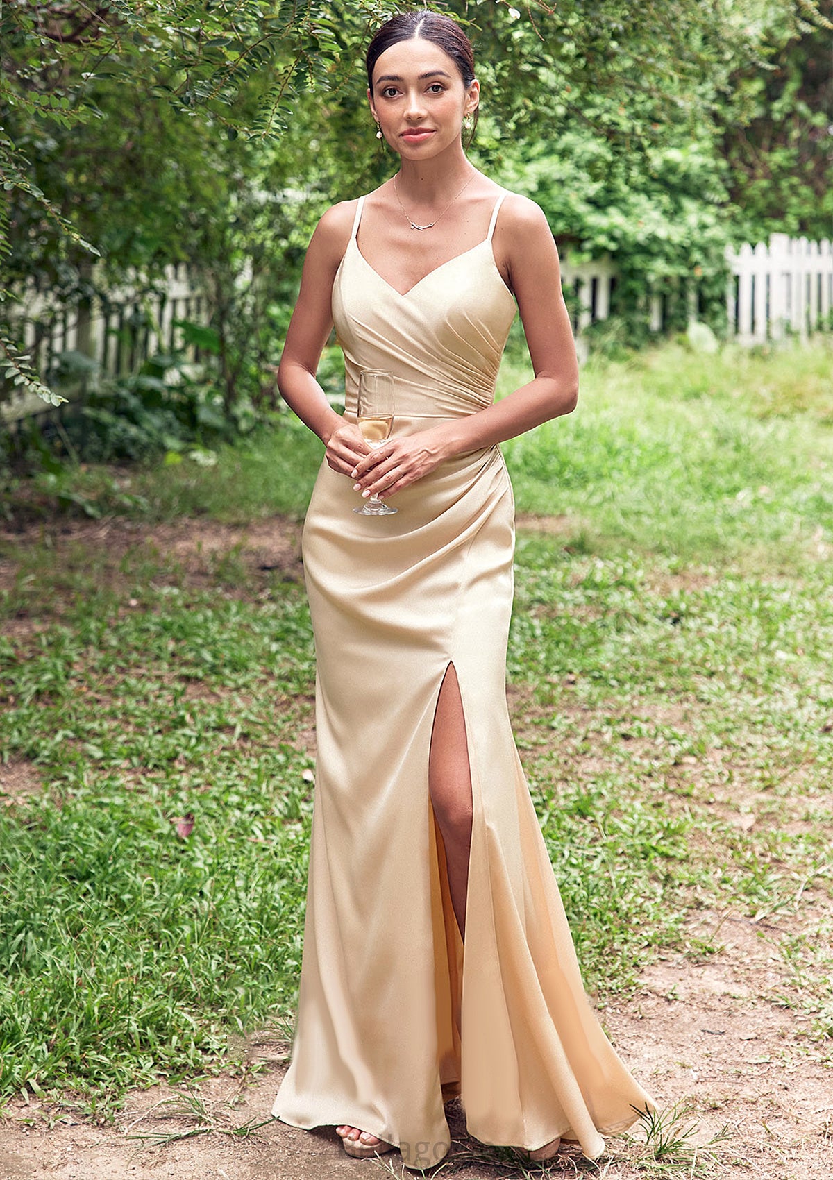 Sheath/Column V Neck Sleeveless Floor-Length Stretch Satin Bridesmaid Dresses with Pleated Split Amirah DNP0025222