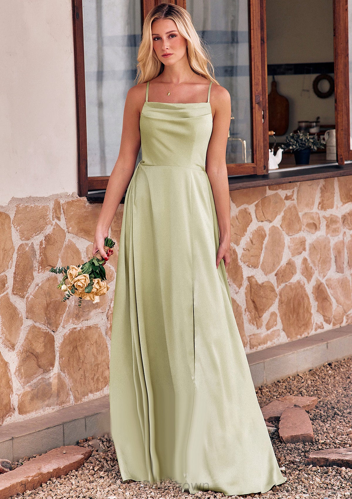 A-line Square Neckline Sleeveless Floor-Length Stretch Satin Bridesmaid Dresses with Bowknot Split Ryan DNP0025223