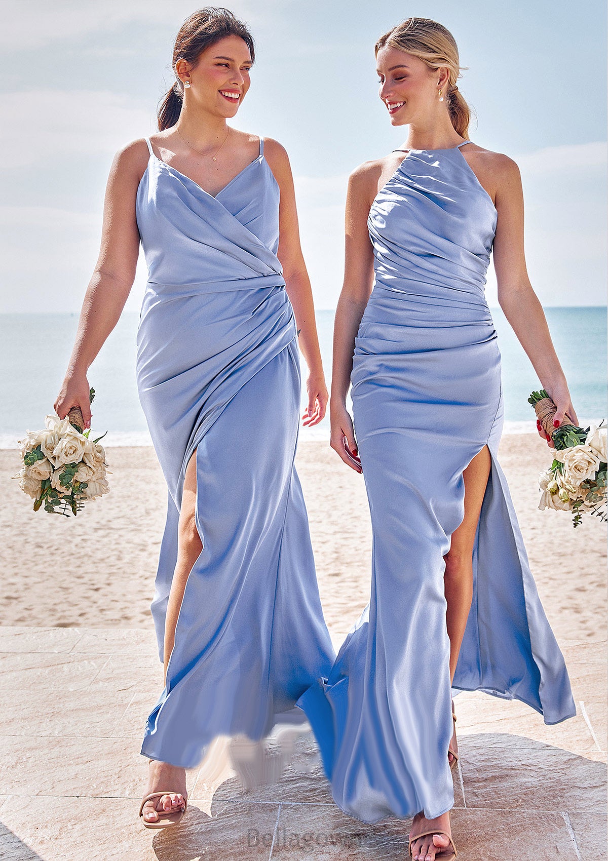 Sheath/Column Halter Sleeveless Floor-Length Stretch Satin Bridesmaid Dresses with Pleated Split Jean DNP0025224