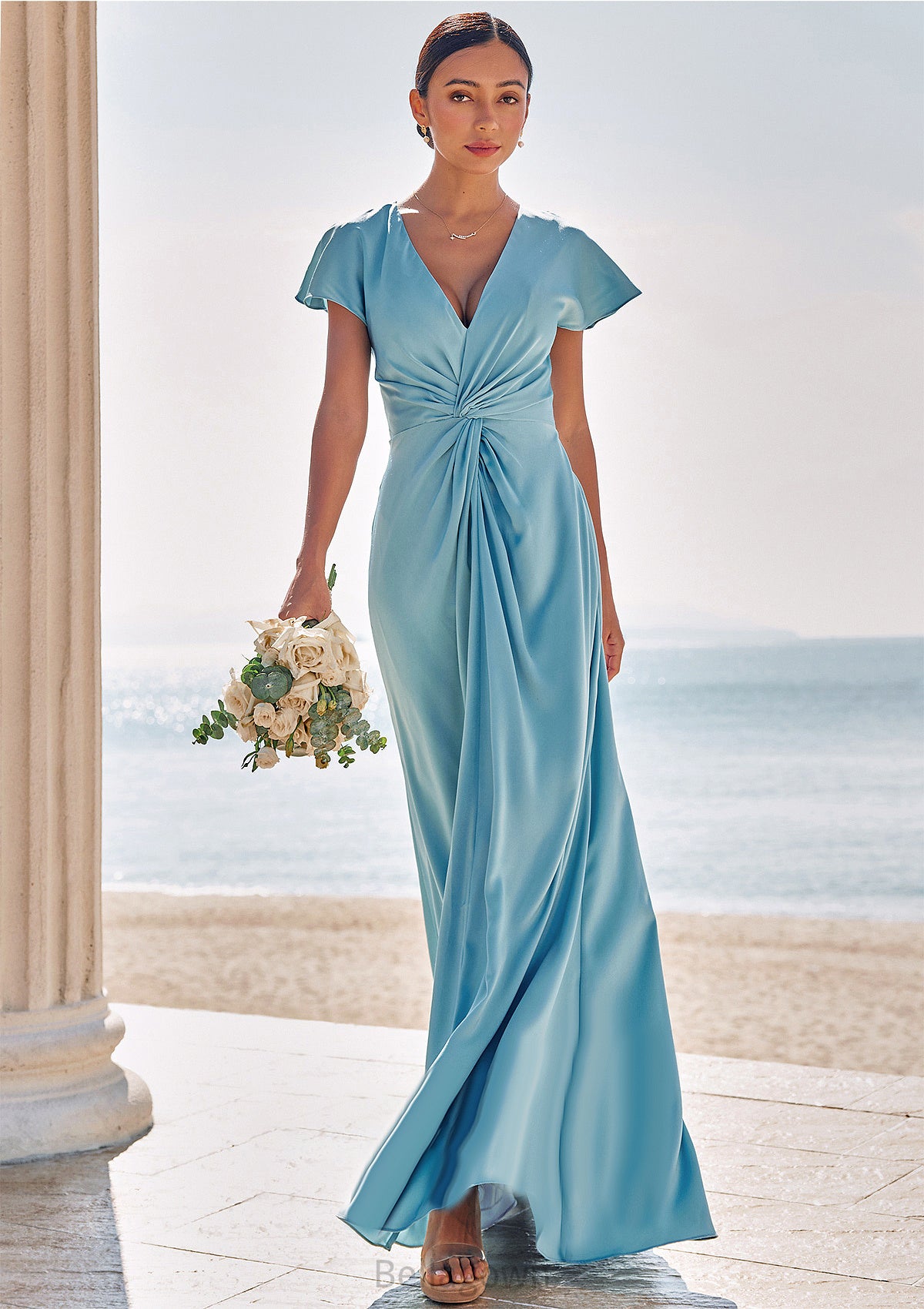 Sheath/Column V Neck Short Sleeve Floor-Length Stretch Satin Bridesmaid Dresses with Pleated Justice DNP0025225