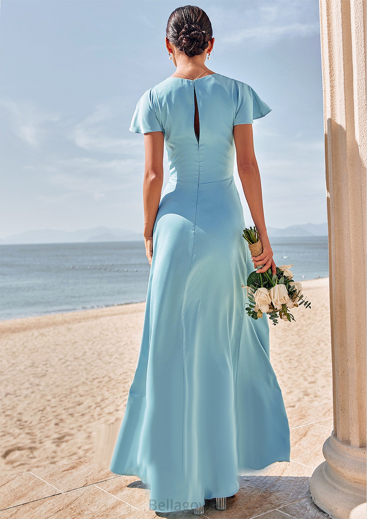 Sheath/Column V Neck Short Sleeve Floor-Length Stretch Satin Bridesmaid Dresses with Pleated Justice DNP0025225