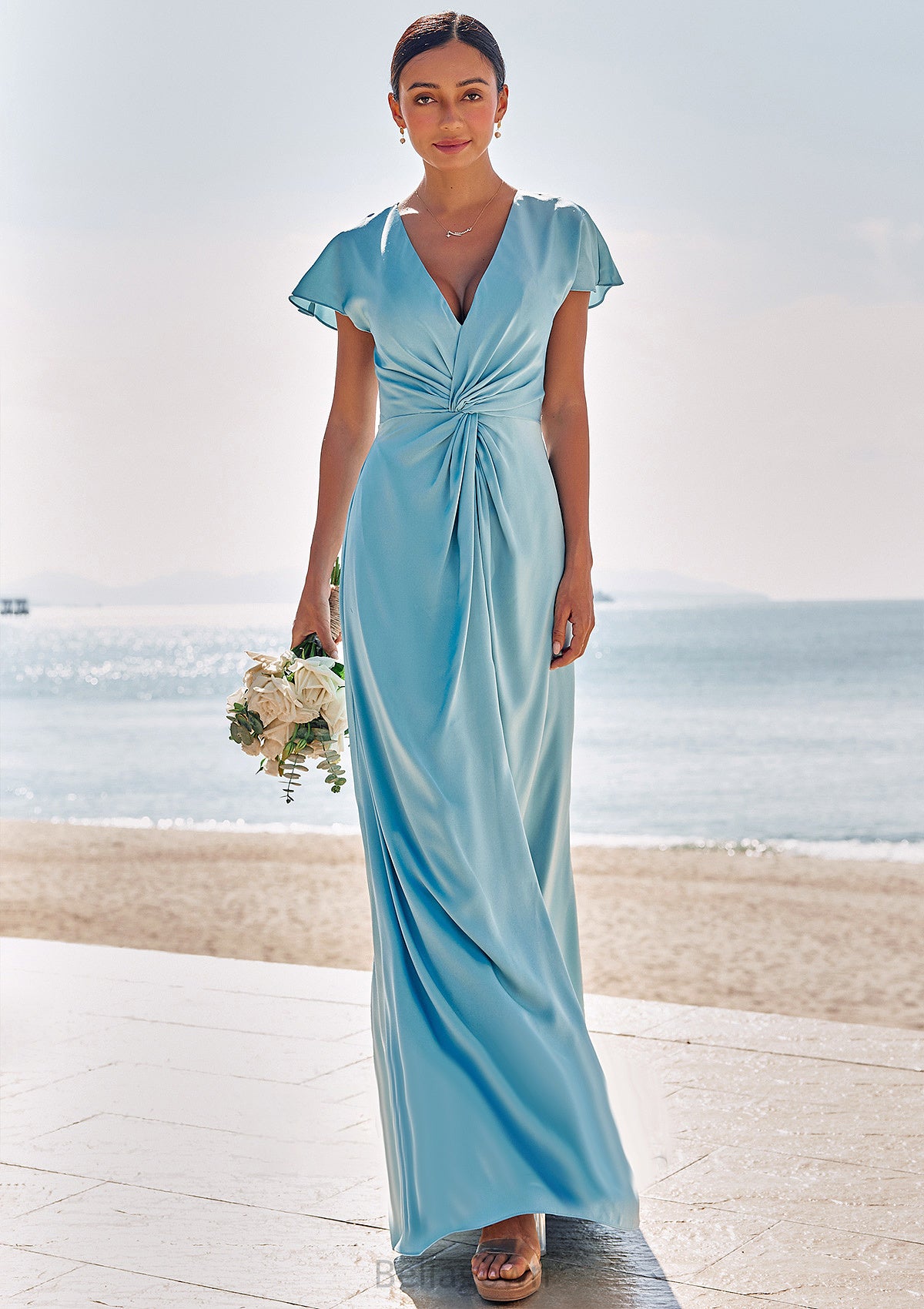 Sheath/Column V Neck Short Sleeve Floor-Length Stretch Satin Bridesmaid Dresses with Pleated Justice DNP0025225