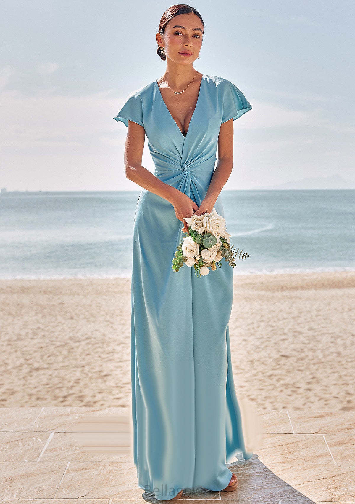 Sheath/Column V Neck Short Sleeve Floor-Length Stretch Satin Bridesmaid Dresses with Pleated Justice DNP0025225