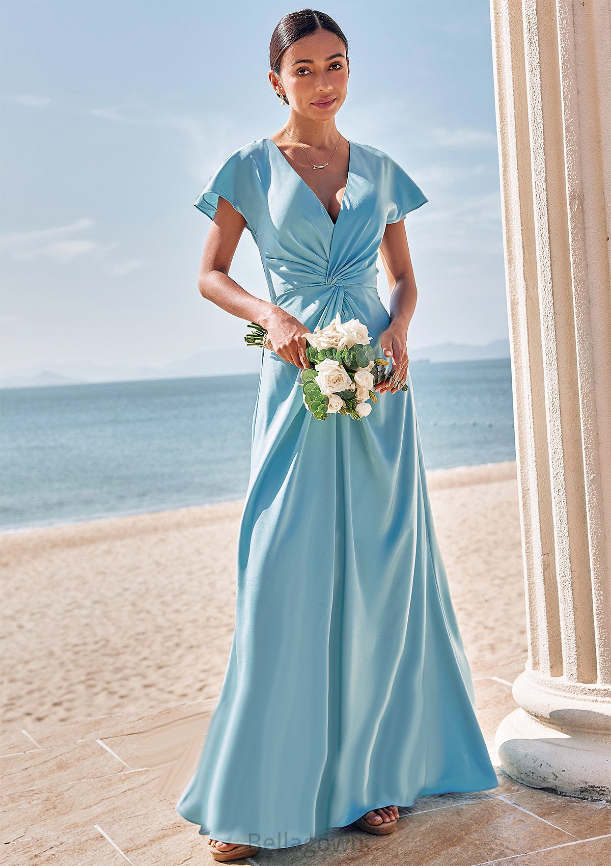 Sheath/Column V Neck Short Sleeve Floor-Length Stretch Satin Bridesmaid Dresses with Pleated Justice DNP0025225