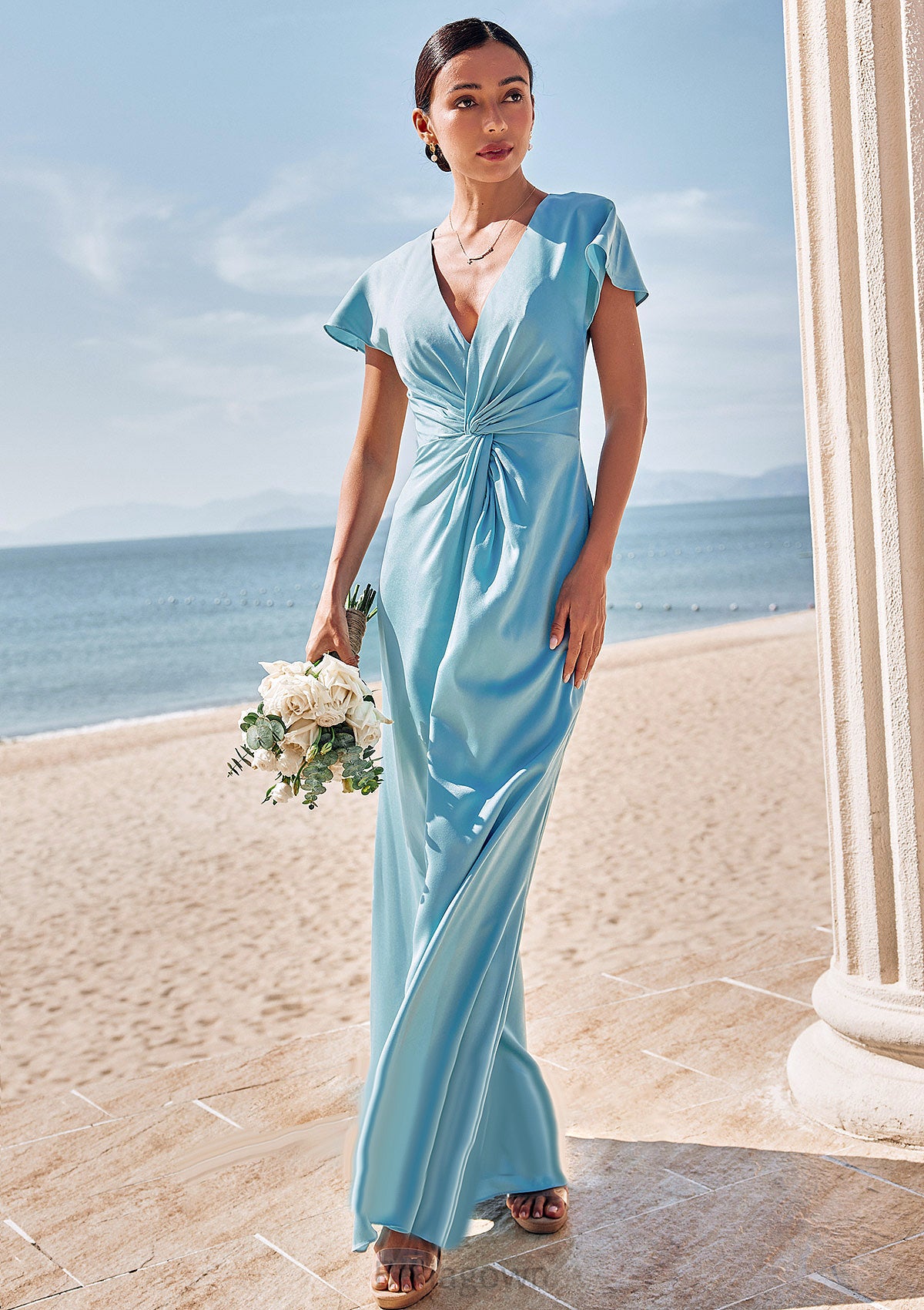 Sheath/Column V Neck Short Sleeve Floor-Length Stretch Satin Bridesmaid Dresses with Pleated Justice DNP0025225