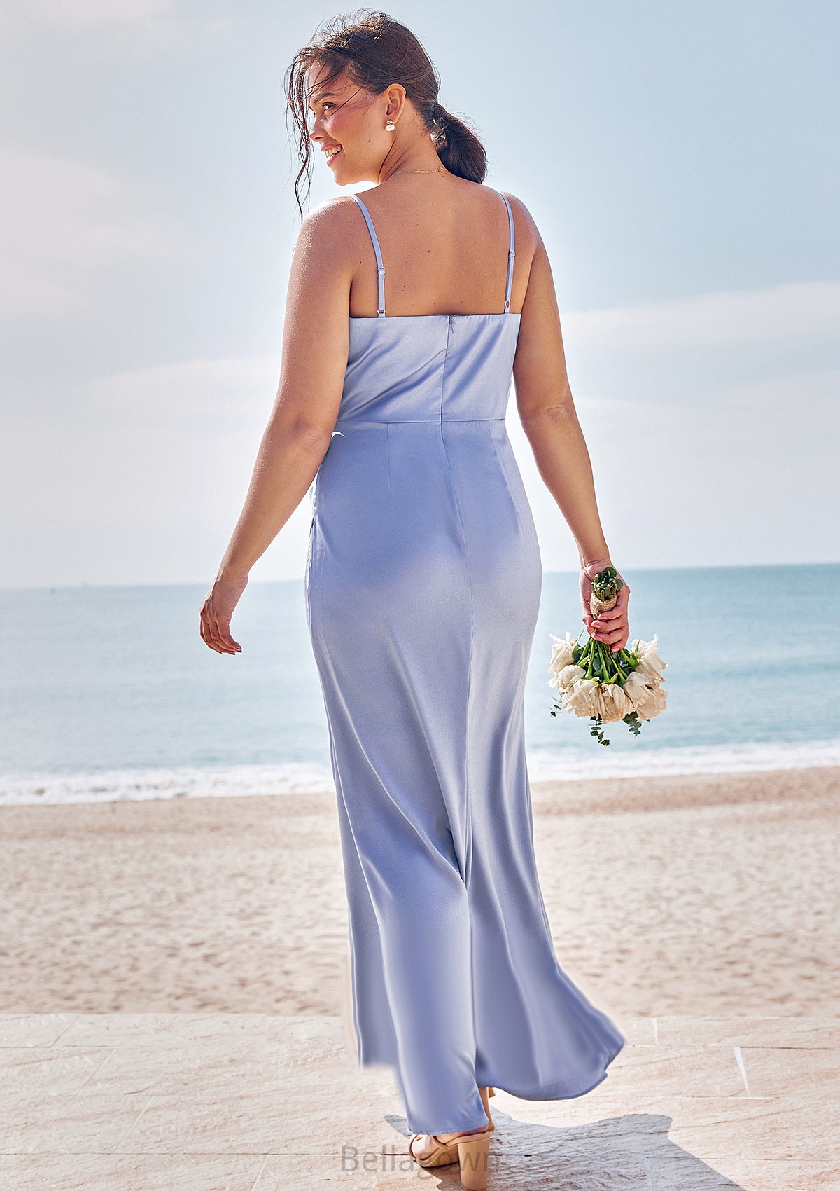 Sheath/Column V Neck Sleeveless Floor-Length Stretch Satin Bridesmaid Dresses with Pleated Split Alexandria DNP0025227