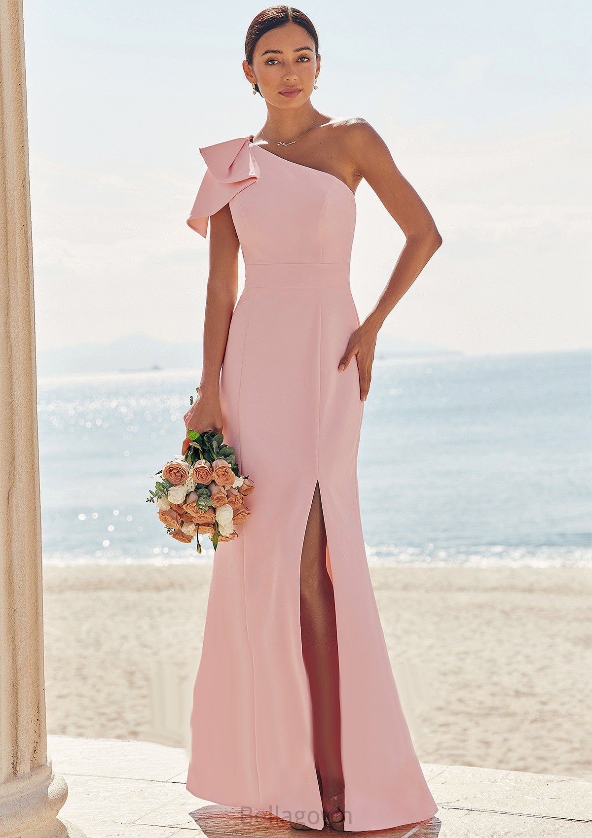 Sheath/Column One-Shoulder Sleeveless Floor-Length Stretch Crepe Bridesmaid Dresses with Bowknot Split Monique DNP0025230