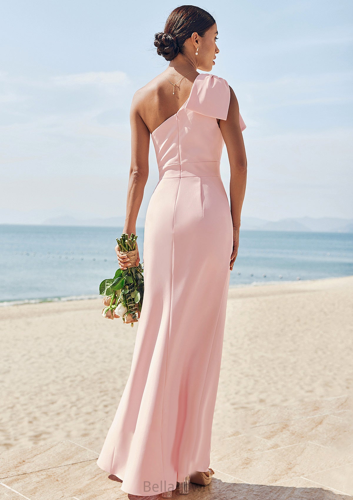 Sheath/Column One-Shoulder Sleeveless Floor-Length Stretch Crepe Bridesmaid Dresses with Bowknot Split Monique DNP0025230