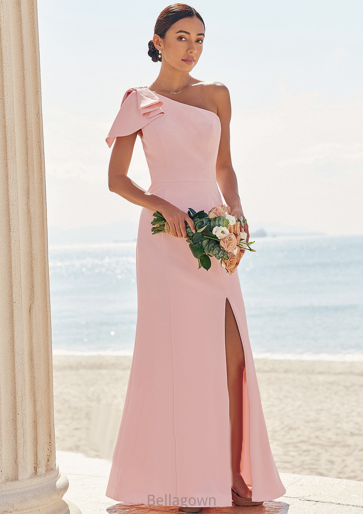 Sheath/Column One-Shoulder Sleeveless Floor-Length Stretch Crepe Bridesmaid Dresses with Bowknot Split Monique DNP0025230