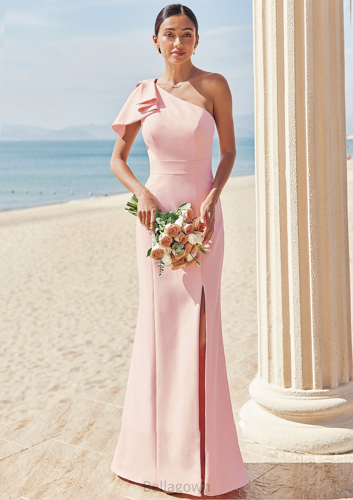 Sheath/Column One-Shoulder Sleeveless Floor-Length Stretch Crepe Bridesmaid Dresses with Bowknot Split Monique DNP0025230