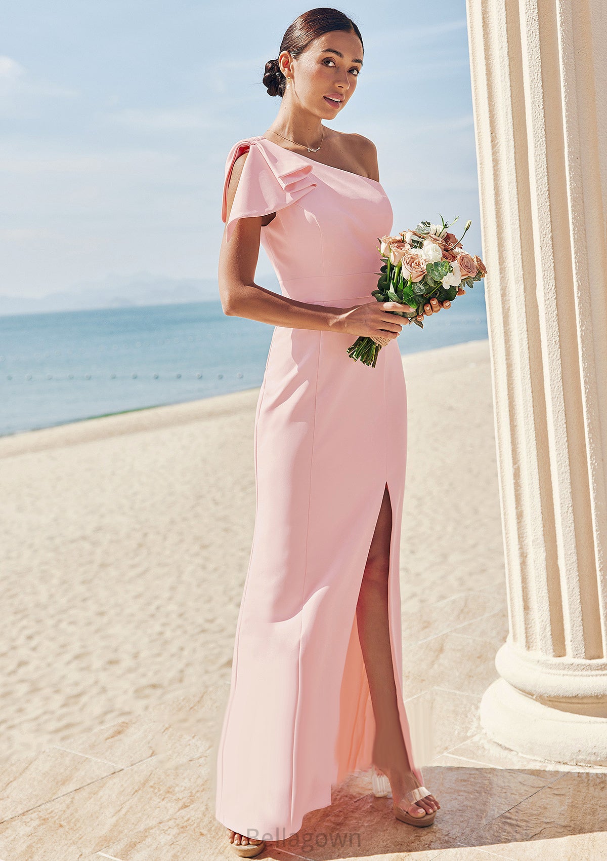 Sheath/Column One-Shoulder Sleeveless Floor-Length Stretch Crepe Bridesmaid Dresses with Bowknot Split Monique DNP0025230