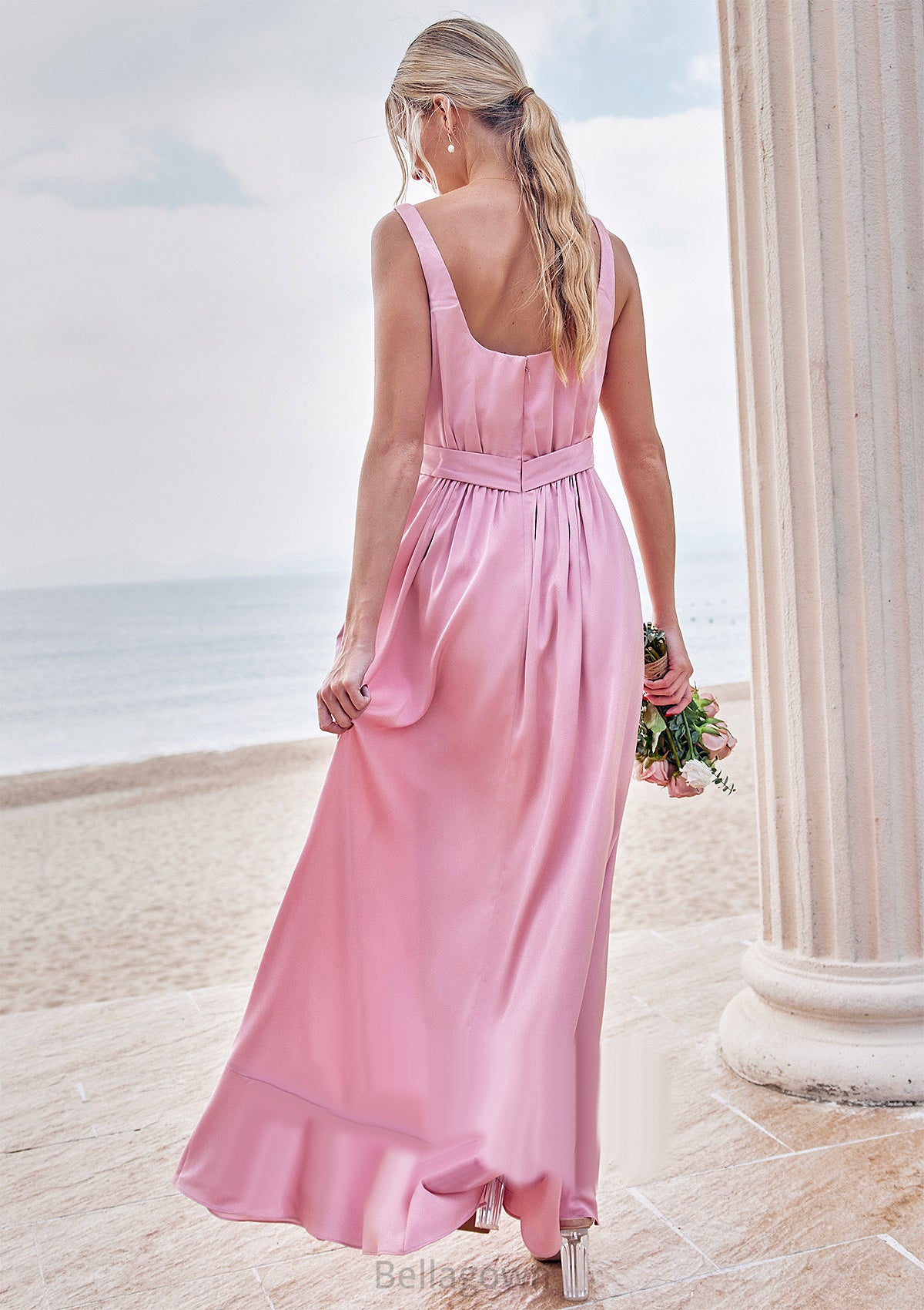 A-line Square Neckline Sleeveless Ankle-Length Stretch Satin Bridesmaid Dresses Mina DNP0025231