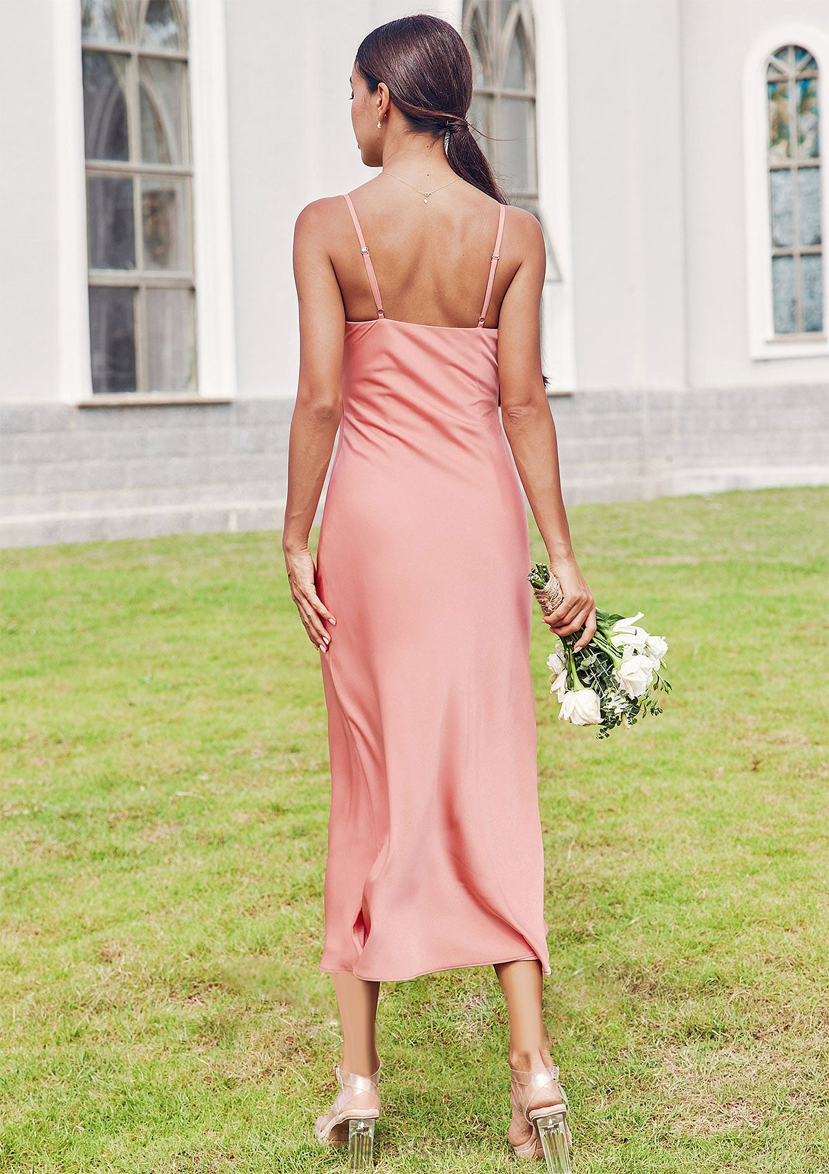 Sheath/Column Cowl Neck Sleeveless Tea-Length Stretch Satin Bridesmaid Dresses Reagan DNP0025232