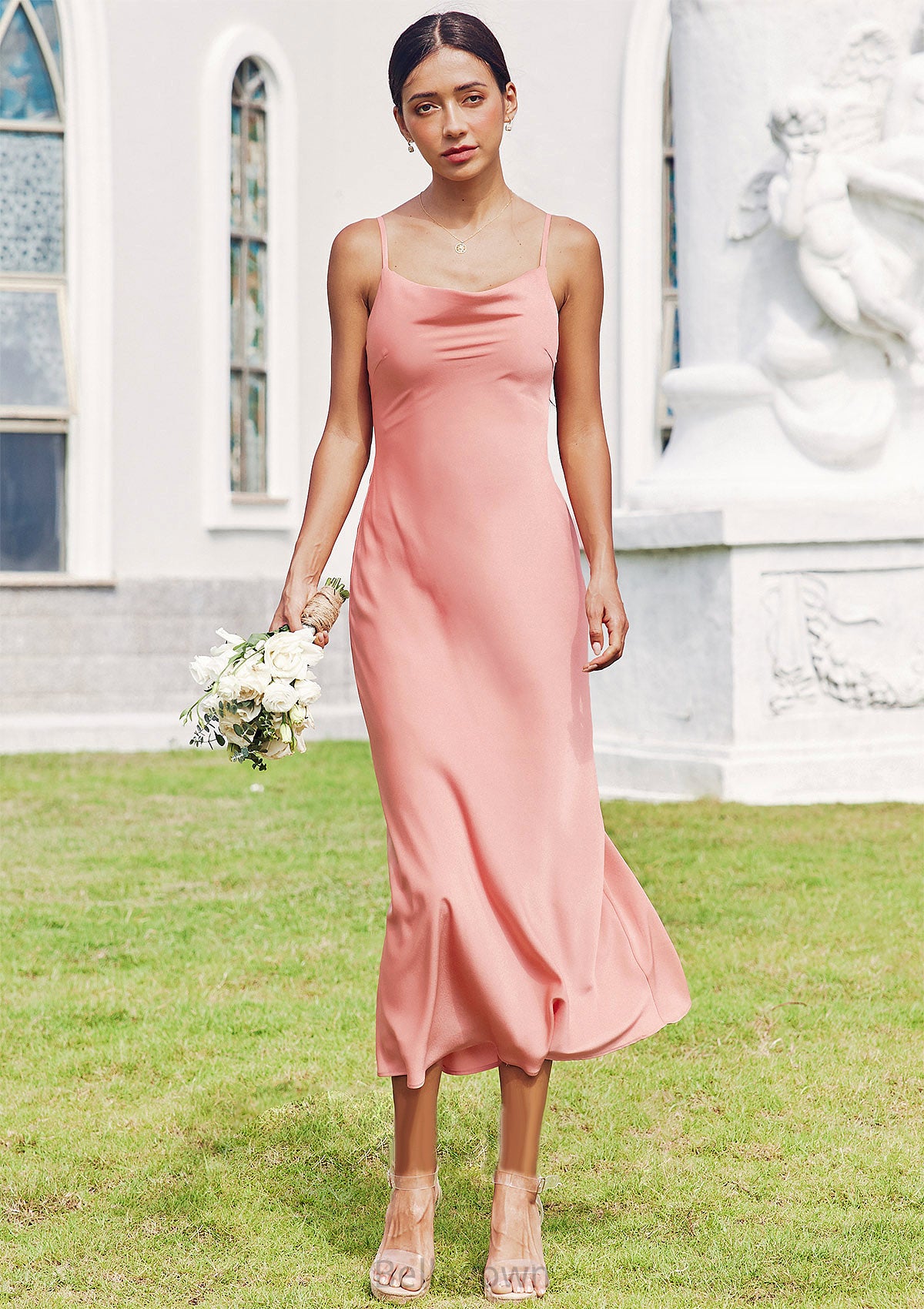 Sheath/Column Cowl Neck Sleeveless Tea-Length Stretch Satin Bridesmaid Dresses Reagan DNP0025232