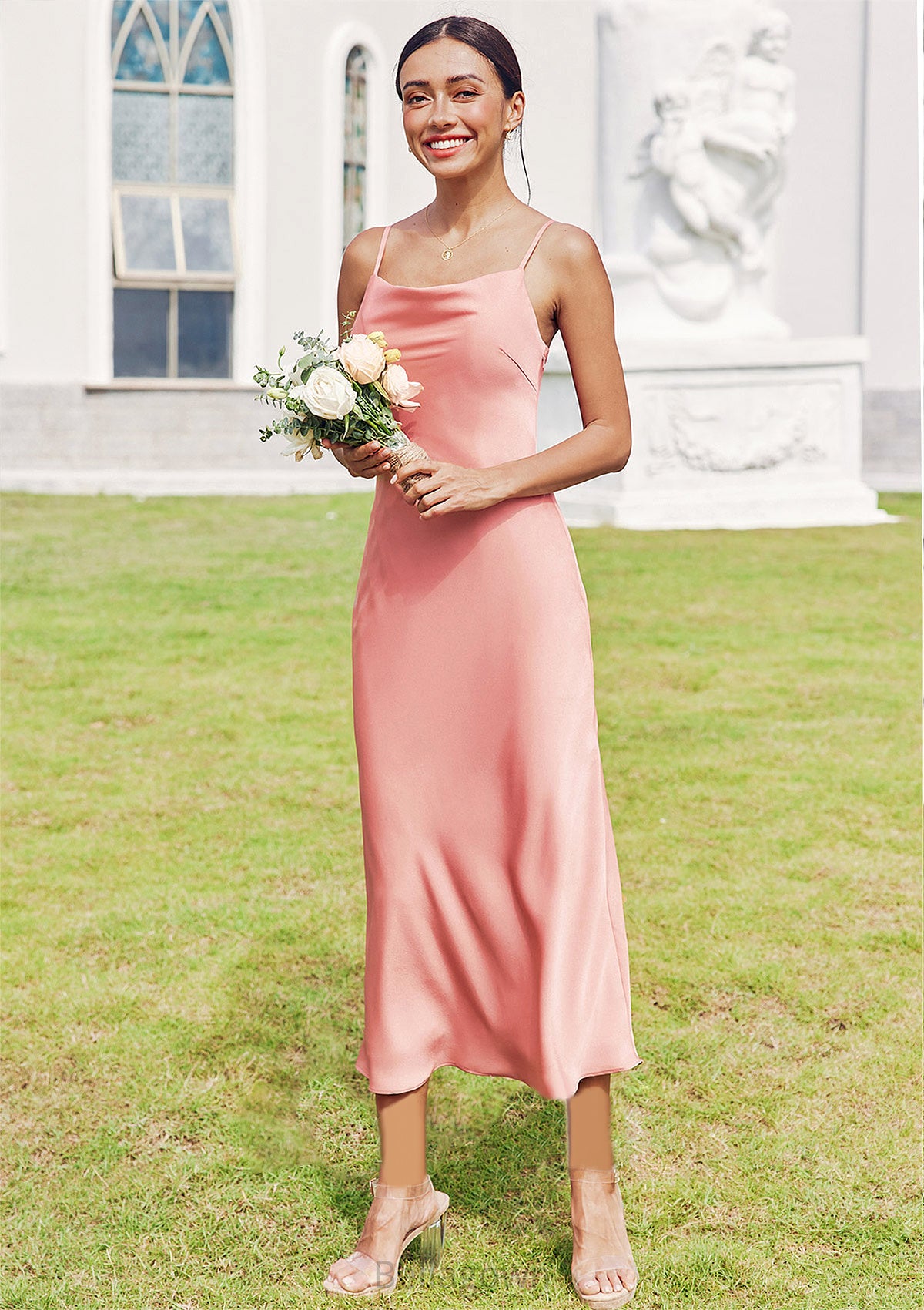 Sheath/Column Cowl Neck Sleeveless Tea-Length Stretch Satin Bridesmaid Dresses Reagan DNP0025232