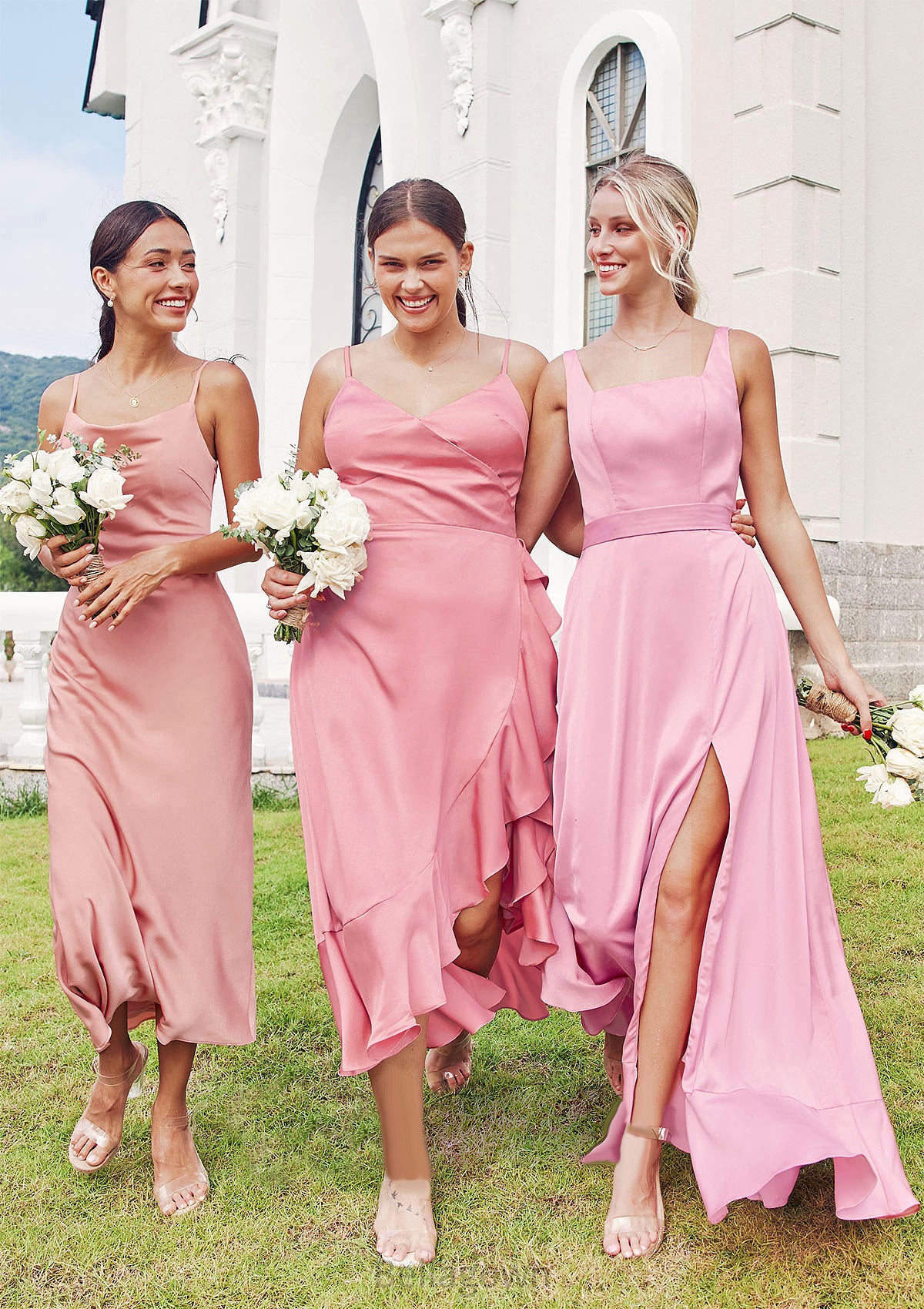 Sheath/Column Cowl Neck Sleeveless Tea-Length Stretch Satin Bridesmaid Dresses Reagan DNP0025232