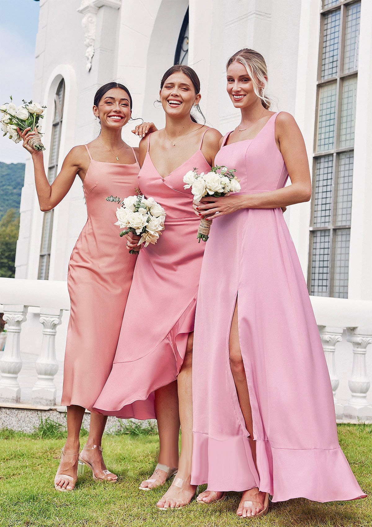 Sheath/Column Cowl Neck Sleeveless Tea-Length Stretch Satin Bridesmaid Dresses Reagan DNP0025232