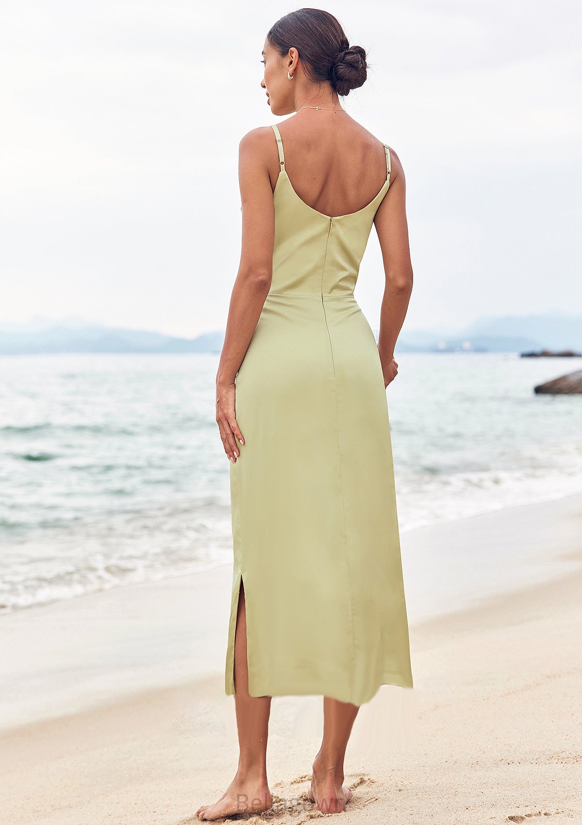 Sheath/Column V Neck Sleeveless Tea-Length Stretch Satin Bridesmaid Dresses with Pleated Split Taliyah DNP0025233