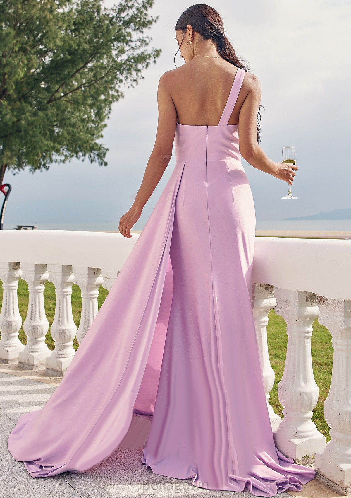 Trumpet/Mermaid One-Shoulder Sleeveless Floor-Length Jersey Bridesmaid Dresses with Pleated Side Draping Iliana DNP0025234