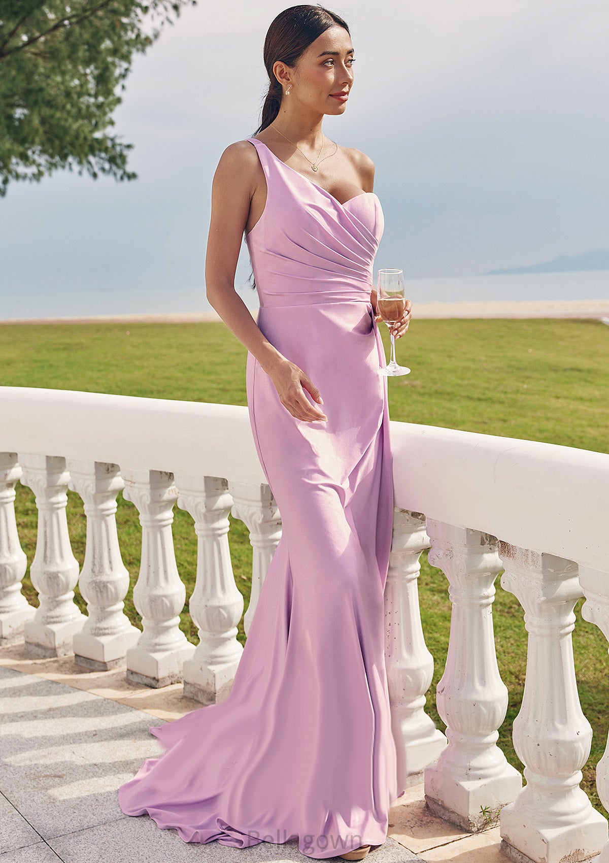 Trumpet/Mermaid One-Shoulder Sleeveless Floor-Length Jersey Bridesmaid Dresses with Pleated Side Draping Iliana DNP0025234