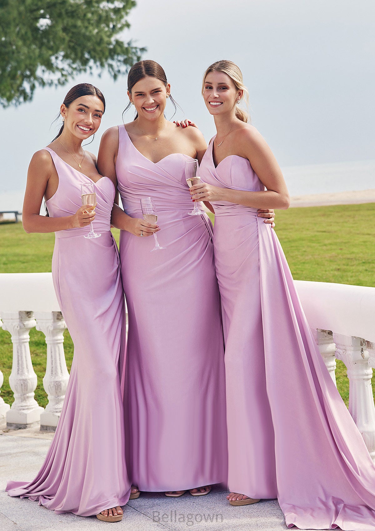 Trumpet/Mermaid One-Shoulder Sleeveless Floor-Length Jersey Bridesmaid Dresses with Pleated Side Draping Iliana DNP0025234