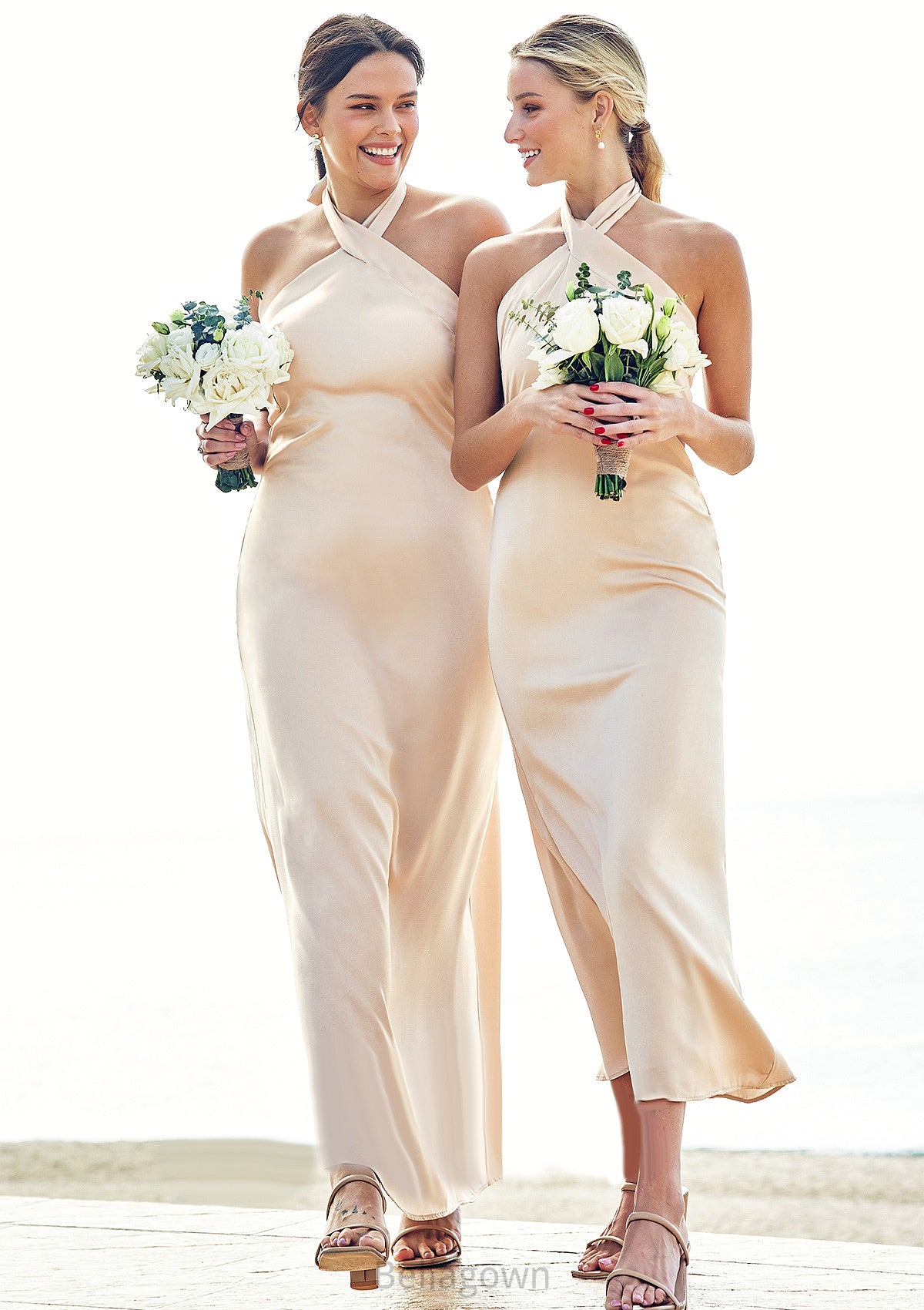 Sheath/Column Halter Sleeveless Ankle-Length Stretch Satin Bridesmaid Dresses with Bowknot Casey DNP0025236