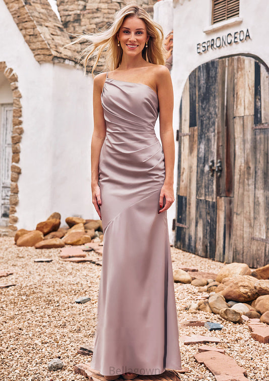 Sheath/Column One-Shoulder Sleeveless Floor-Length Stretch Satin Bridesmaid Dresses with Pleated Thea DNP0025238