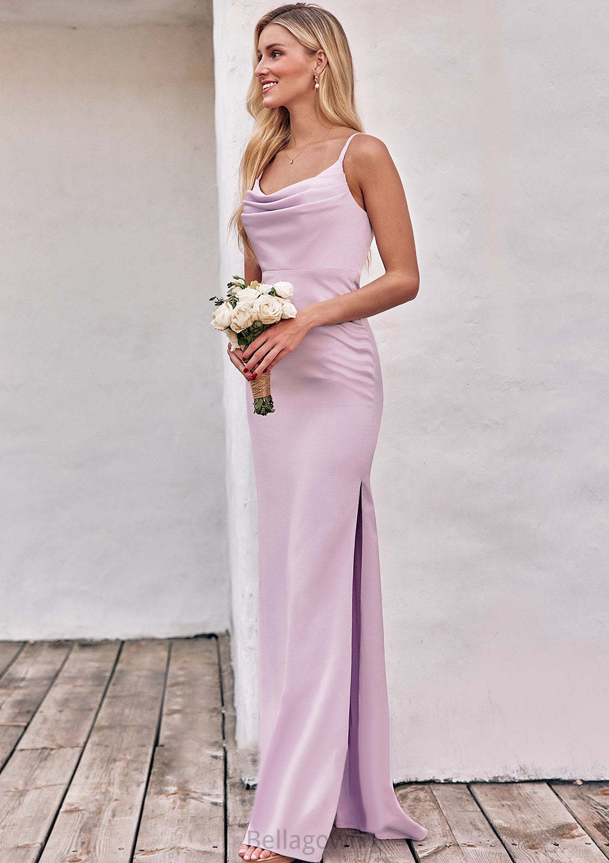 Sheath/Column Cowl Neck Sleeveless Floor-Length Stretch Satin Bridesmaid Dresses with Pleated Split Mylee DNP0025242