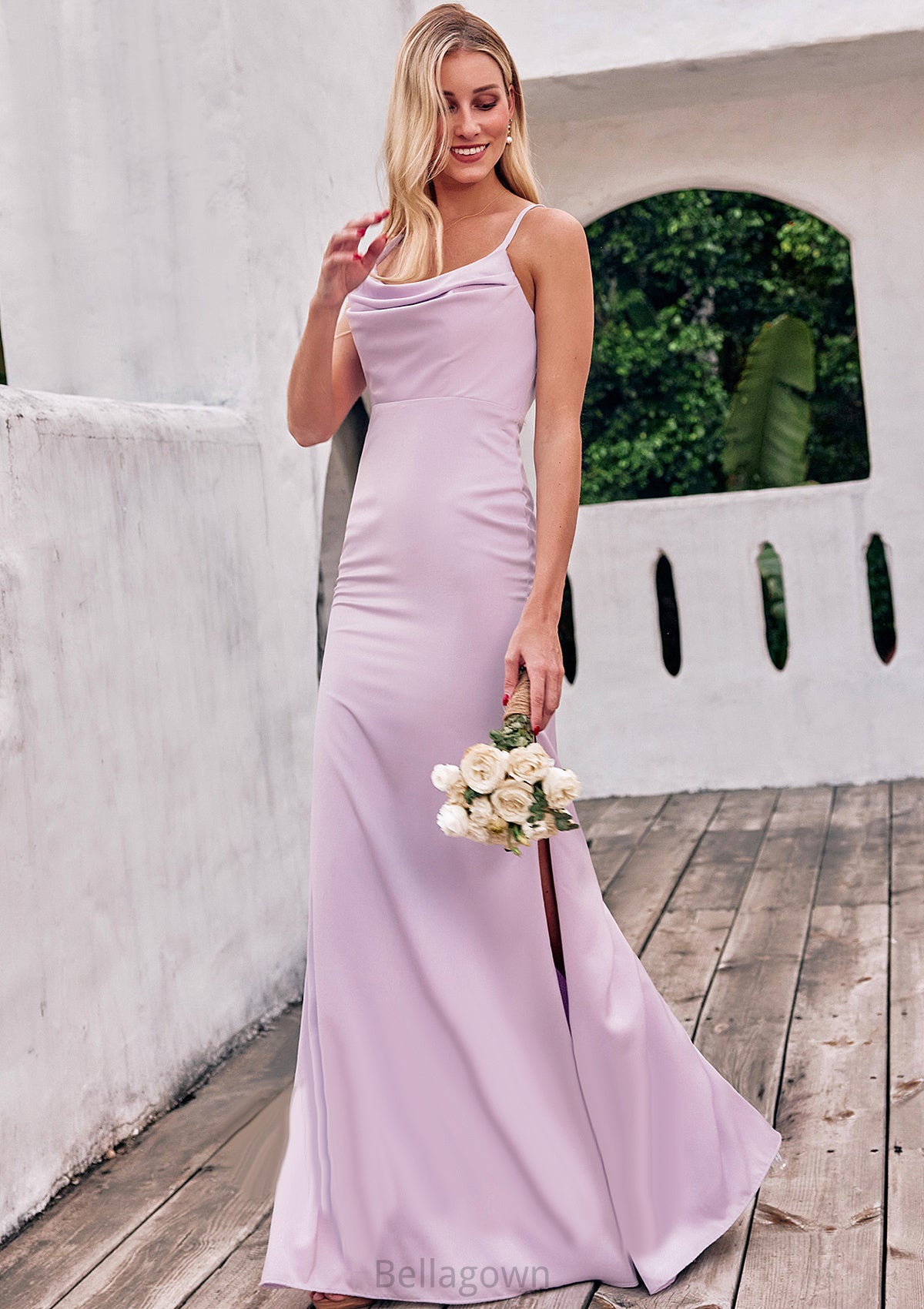 Sheath/Column Cowl Neck Sleeveless Floor-Length Stretch Satin Bridesmaid Dresses with Pleated Split Mylee DNP0025242