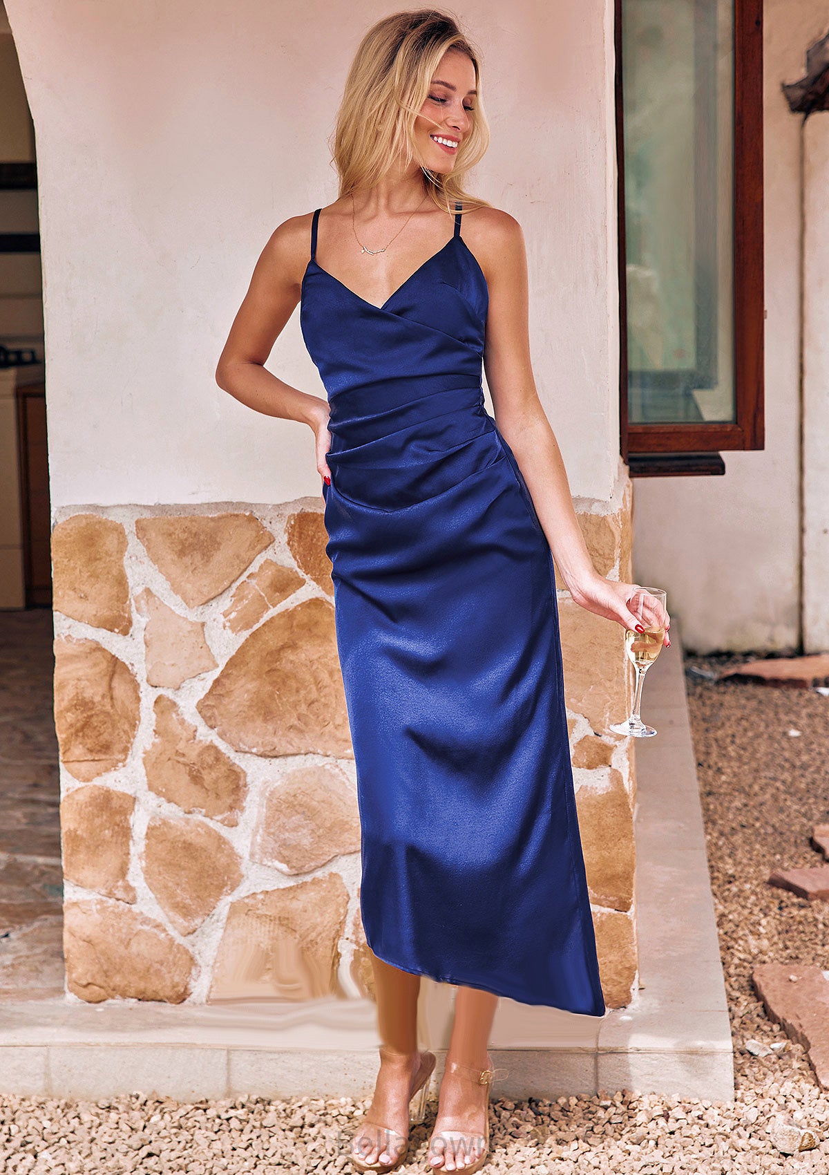 Sheath/Column V Neck Sleeveless Asymmetrical Stretch Satin Bridesmaid Dresses with Pleated Winifred DNP0025245