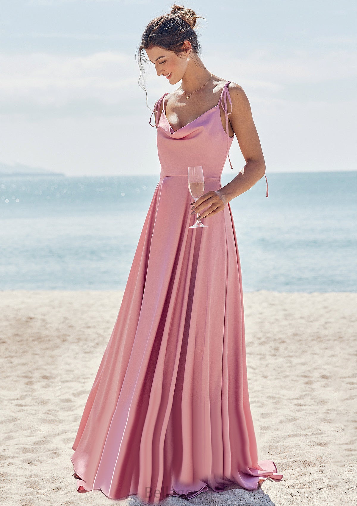 A-line V Neck Sleeveless Floor-Length Stretch Satin Bridesmaid Dresses with Split Aliana DNP0025247