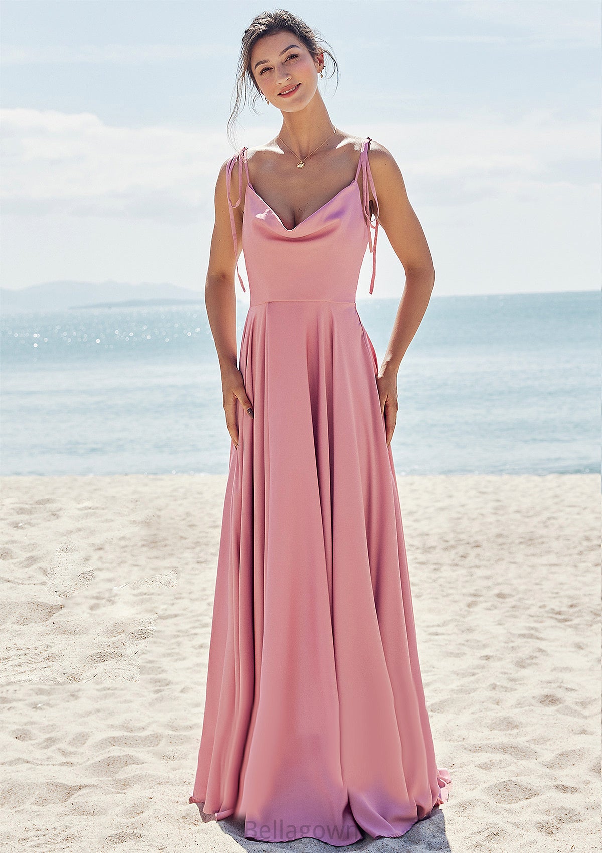 A-line V Neck Sleeveless Floor-Length Stretch Satin Bridesmaid Dresses with Split Aliana DNP0025247