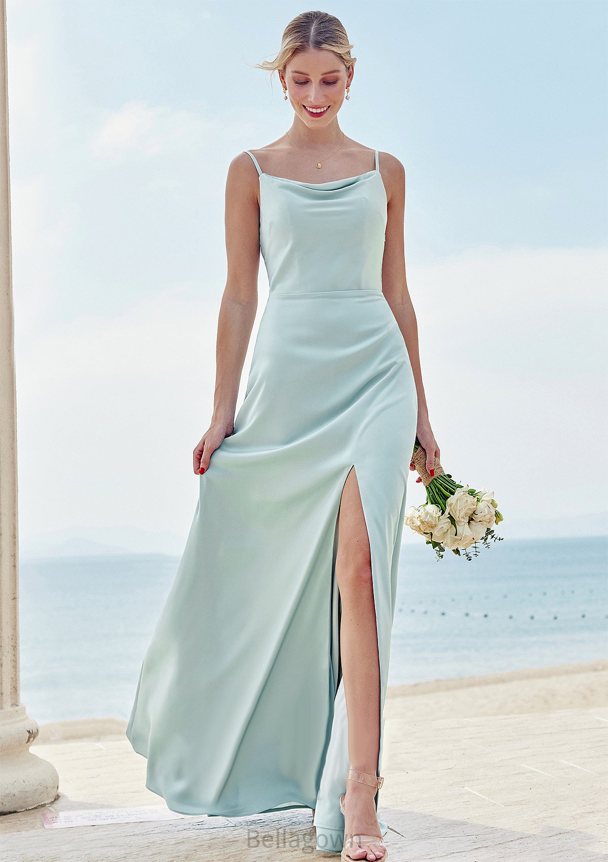 A-line Square Neckline Sleeveless Floor-Length Stretch Satin Bridesmaid Dresses with Split Regan DNP0025248