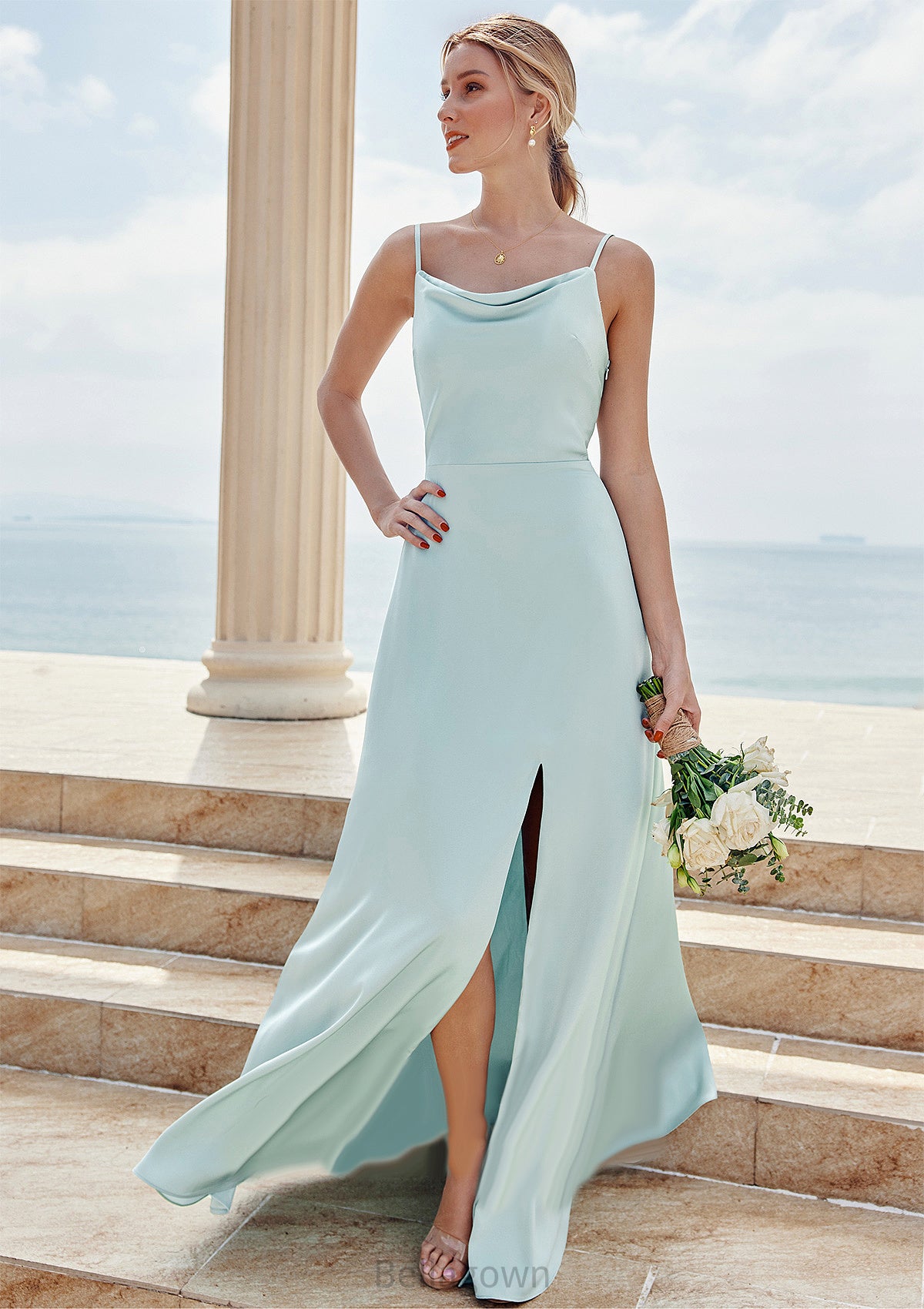 A-line Square Neckline Sleeveless Floor-Length Stretch Satin Bridesmaid Dresses with Split Regan DNP0025248