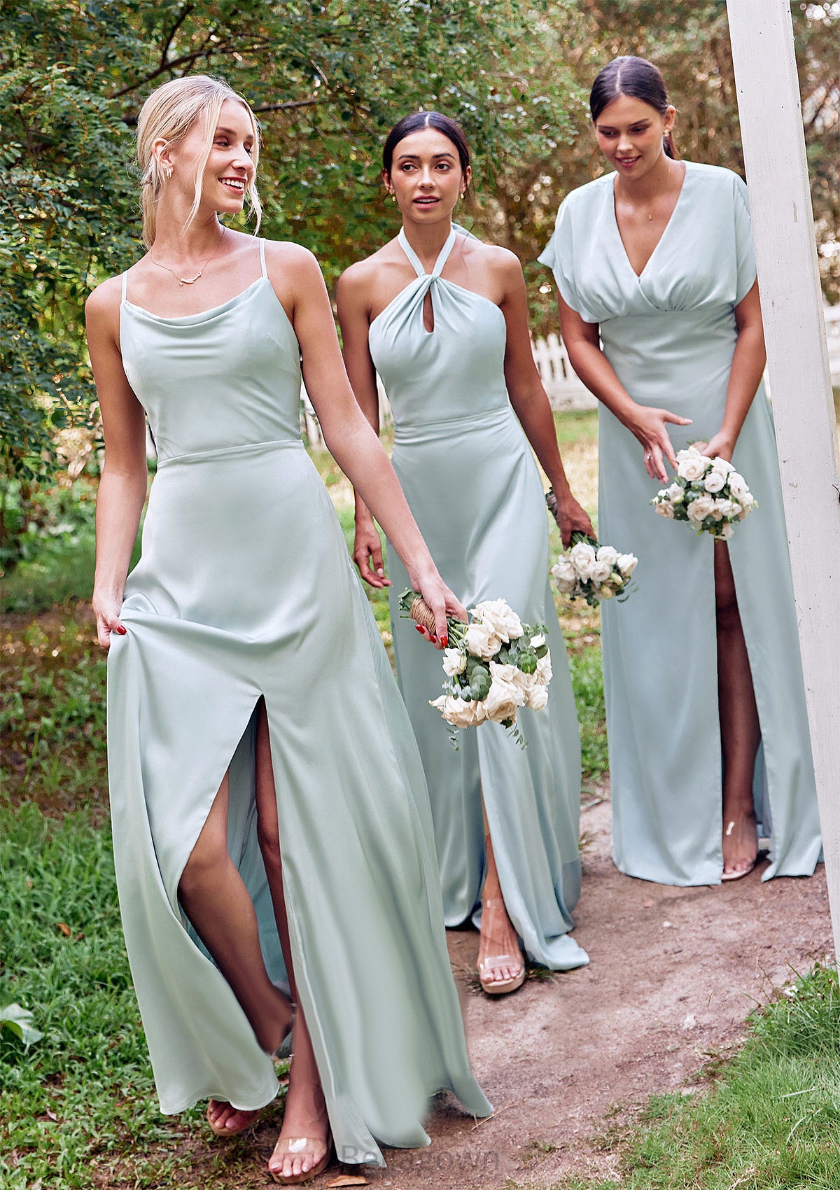 A-line Square Neckline Sleeveless Floor-Length Stretch Satin Bridesmaid Dresses with Split Regan DNP0025248