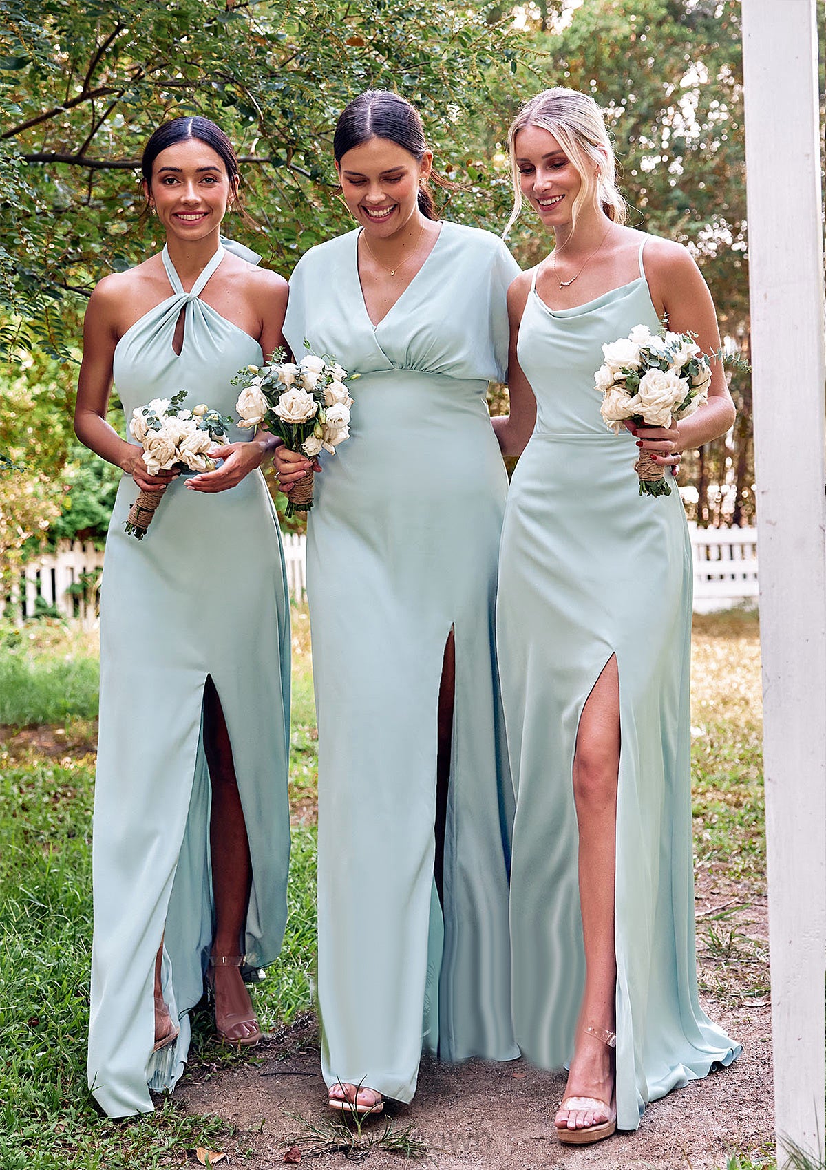 A-line Square Neckline Sleeveless Floor-Length Stretch Satin Bridesmaid Dresses with Split Regan DNP0025248