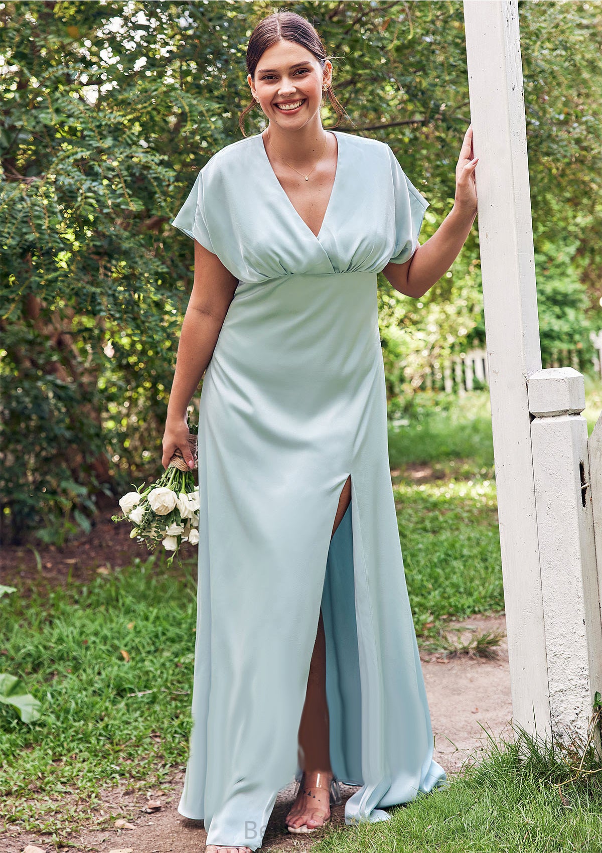 Empire V Neck Short Sleeve Floor-Length Stretch Satin Bridesmaid Dresses with Split Erika DNP0025249