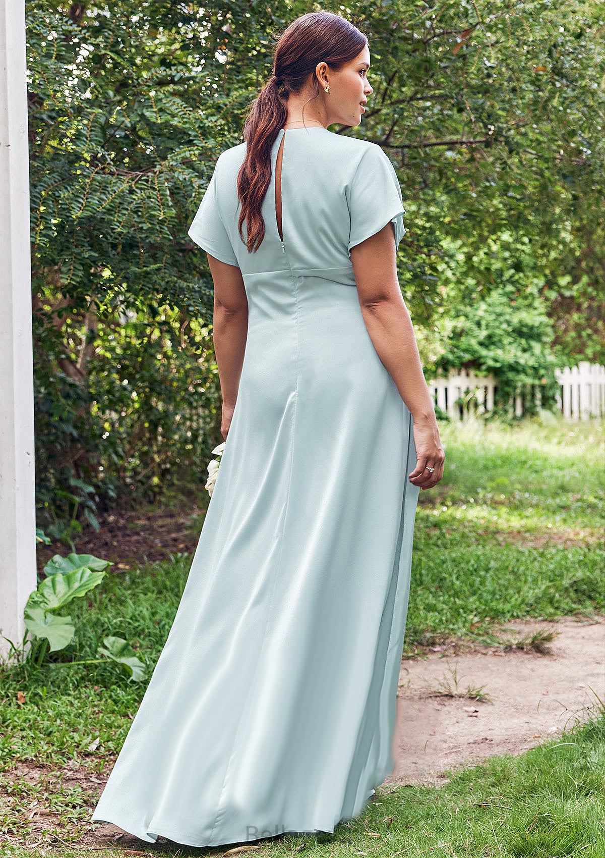 Empire V Neck Short Sleeve Floor-Length Stretch Satin Bridesmaid Dresses with Split Erika DNP0025249