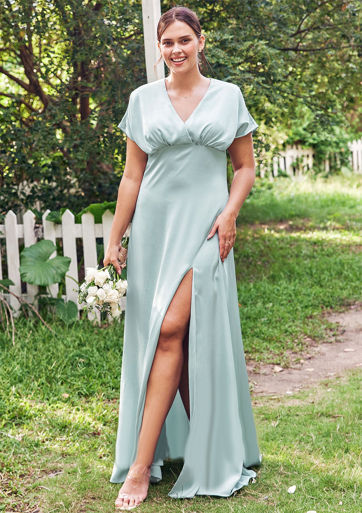 Empire V Neck Short Sleeve Floor-Length Stretch Satin Bridesmaid Dresses with Split Erika DNP0025249