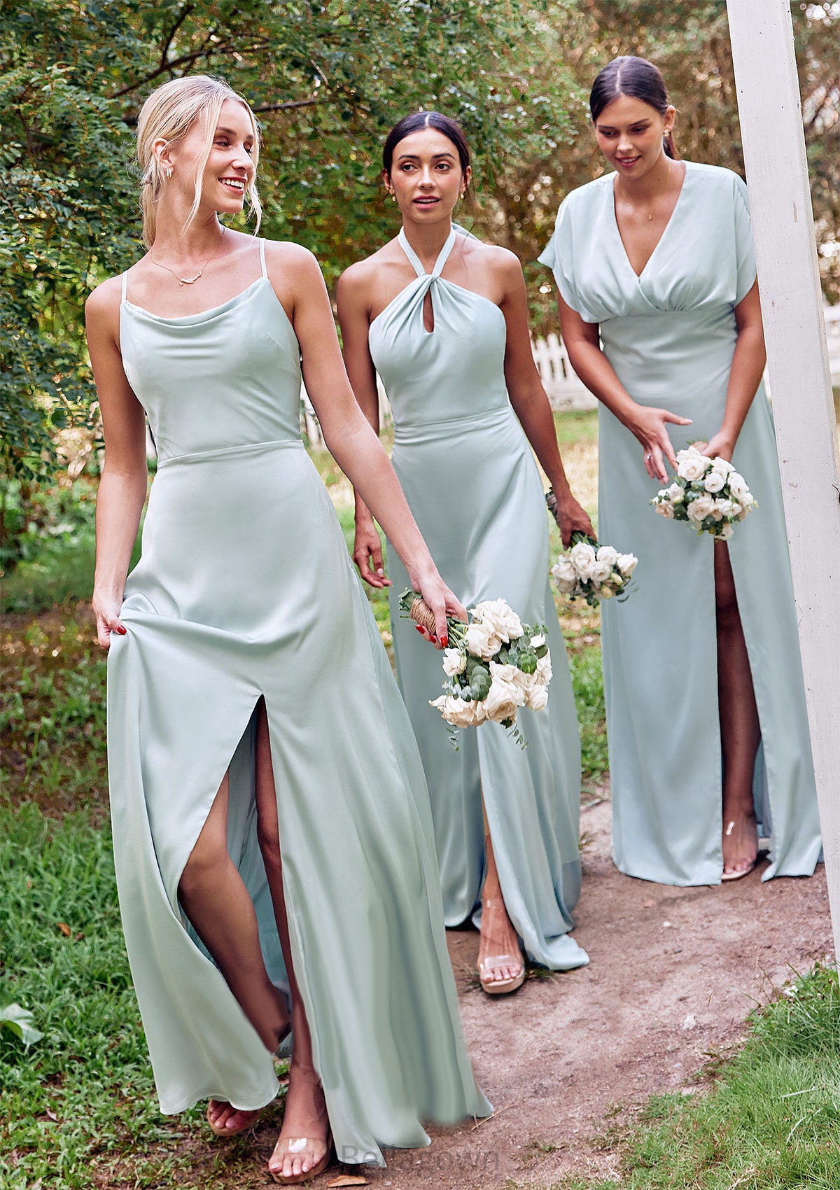 Empire V Neck Short Sleeve Floor-Length Stretch Satin Bridesmaid Dresses with Split Erika DNP0025249