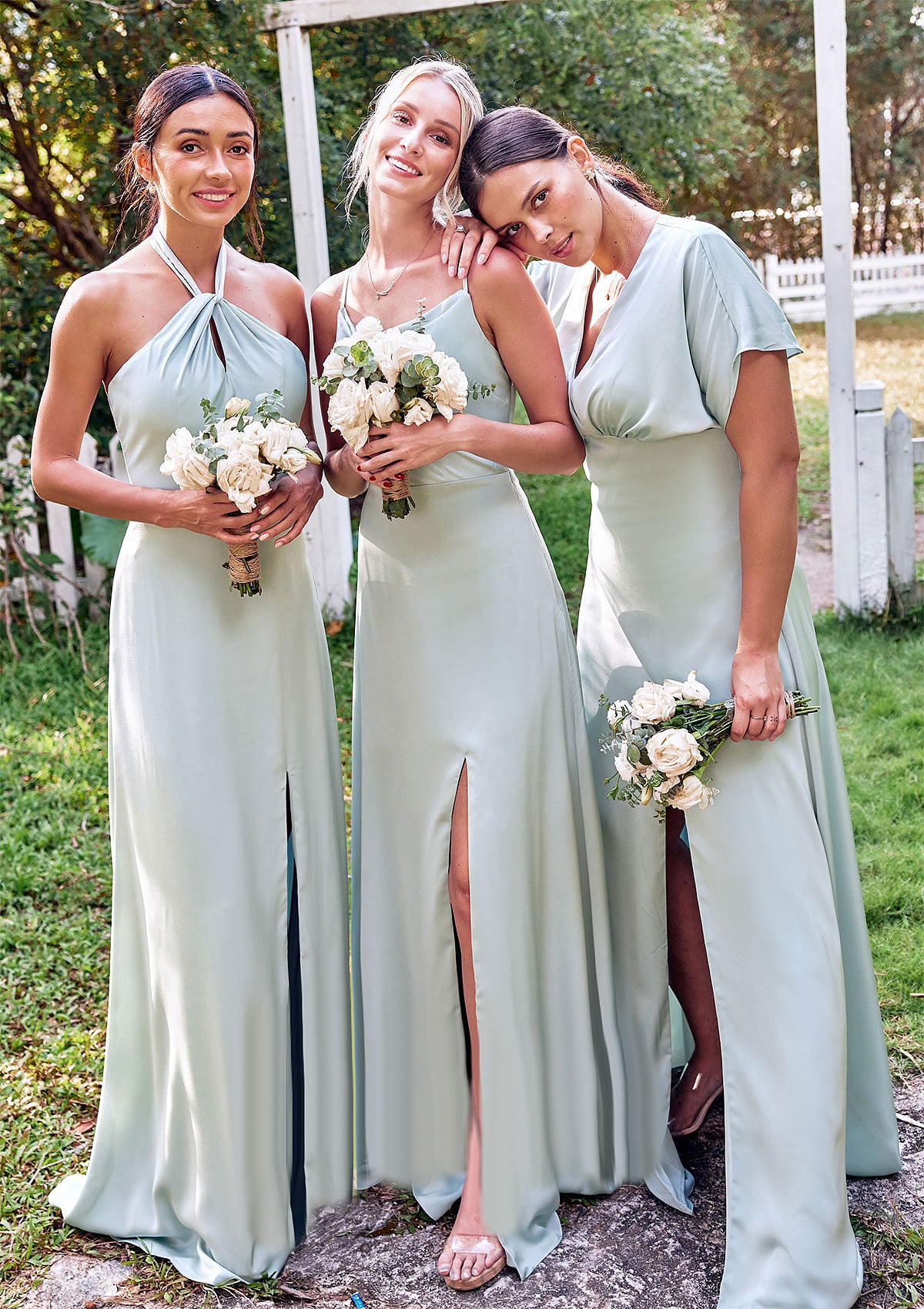 Empire V Neck Short Sleeve Floor-Length Stretch Satin Bridesmaid Dresses with Split Erika DNP0025249