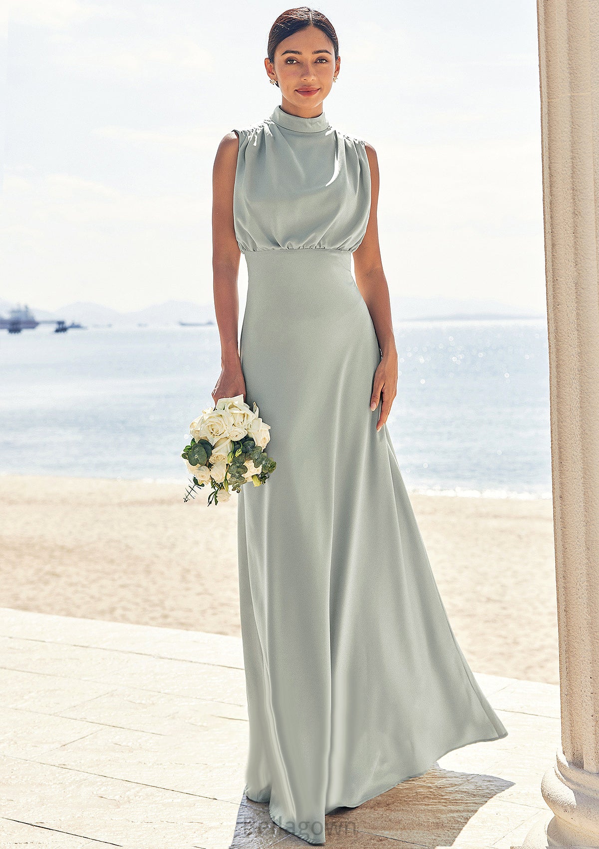 A-line High-Neck Sleeveless Floor-Length Stretch Satin Bridesmaid Dresses Penny DNP0025252