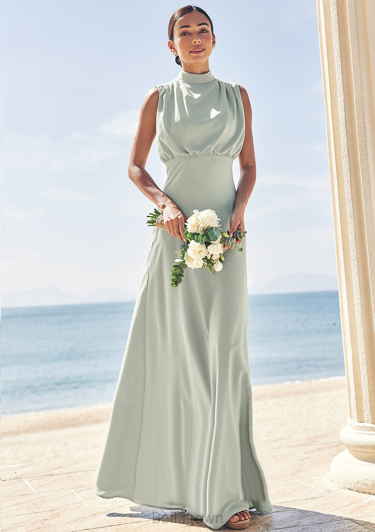 A-line High-Neck Sleeveless Floor-Length Stretch Satin Bridesmaid Dresses Penny DNP0025252