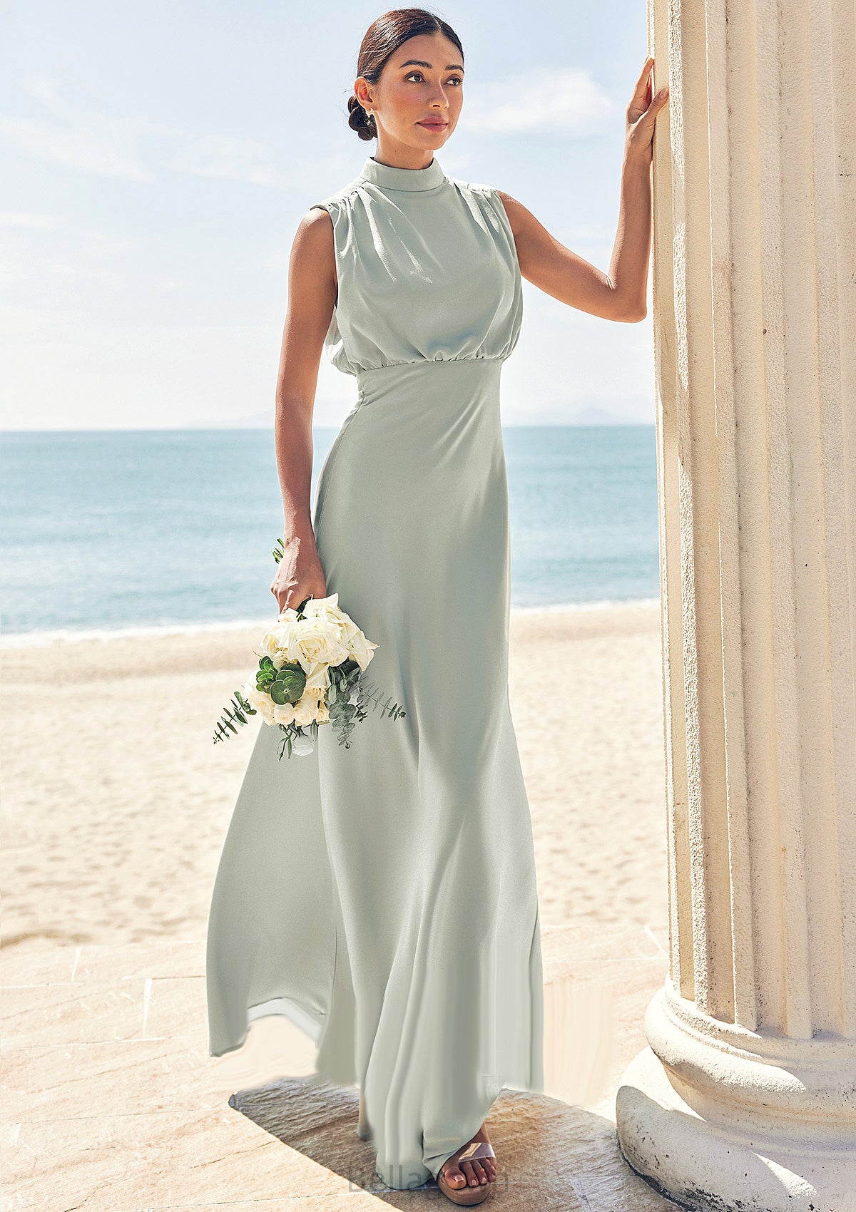 A-line High-Neck Sleeveless Floor-Length Stretch Satin Bridesmaid Dresses Penny DNP0025252