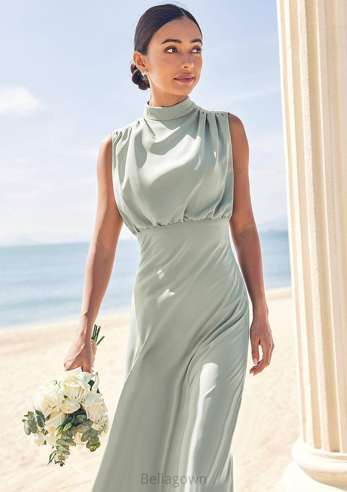 A-line High-Neck Sleeveless Floor-Length Stretch Satin Bridesmaid Dresses Penny DNP0025252